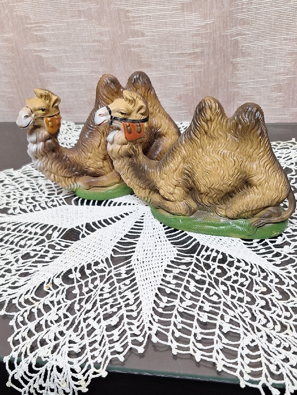 Set of Two Vintage Ceramic Camel Figurines in Brown and Green